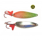 QUANTAL LAKE Crater, 60mm, 14g, lime/chart/red (UV) , VMC Barbarian Treble Red hooks, spoon lure
